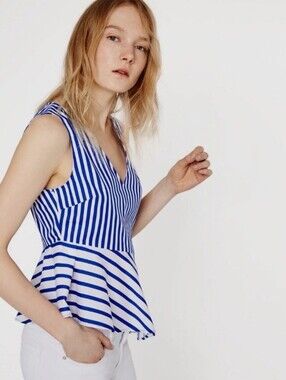 Zara Blue & White  Sailor Assymetrical Striped V‑Neck Peplum Tank Top. M